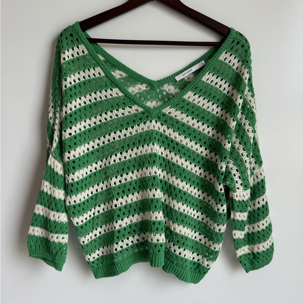 SUMMUM Jumper Sweater Green White Women‎ Small V neck Open Knit 100 cotton mesh